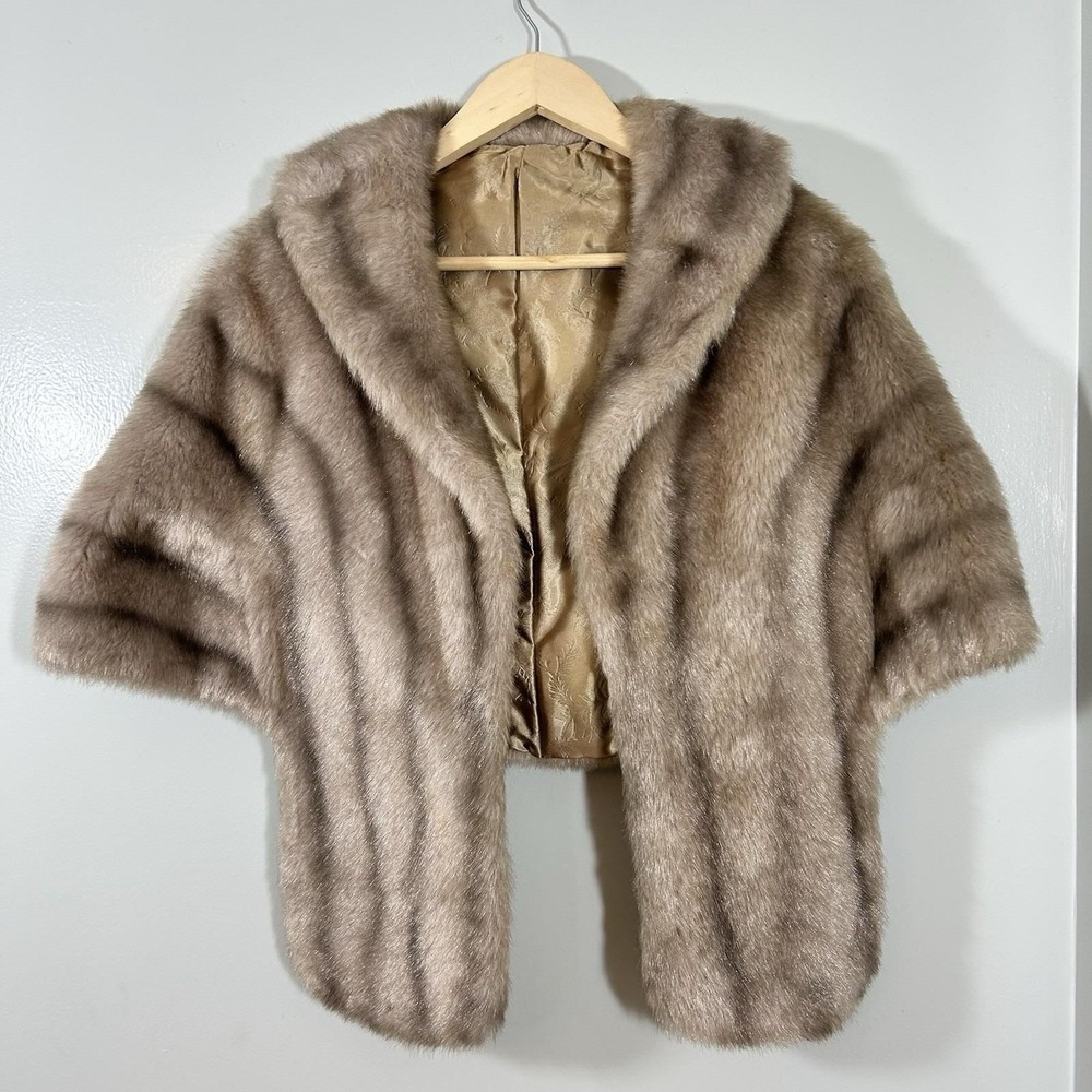 Vintage Regina Glenara by Glenoit Faux Fur Wrap Stole Taupe Brown Floral Lining